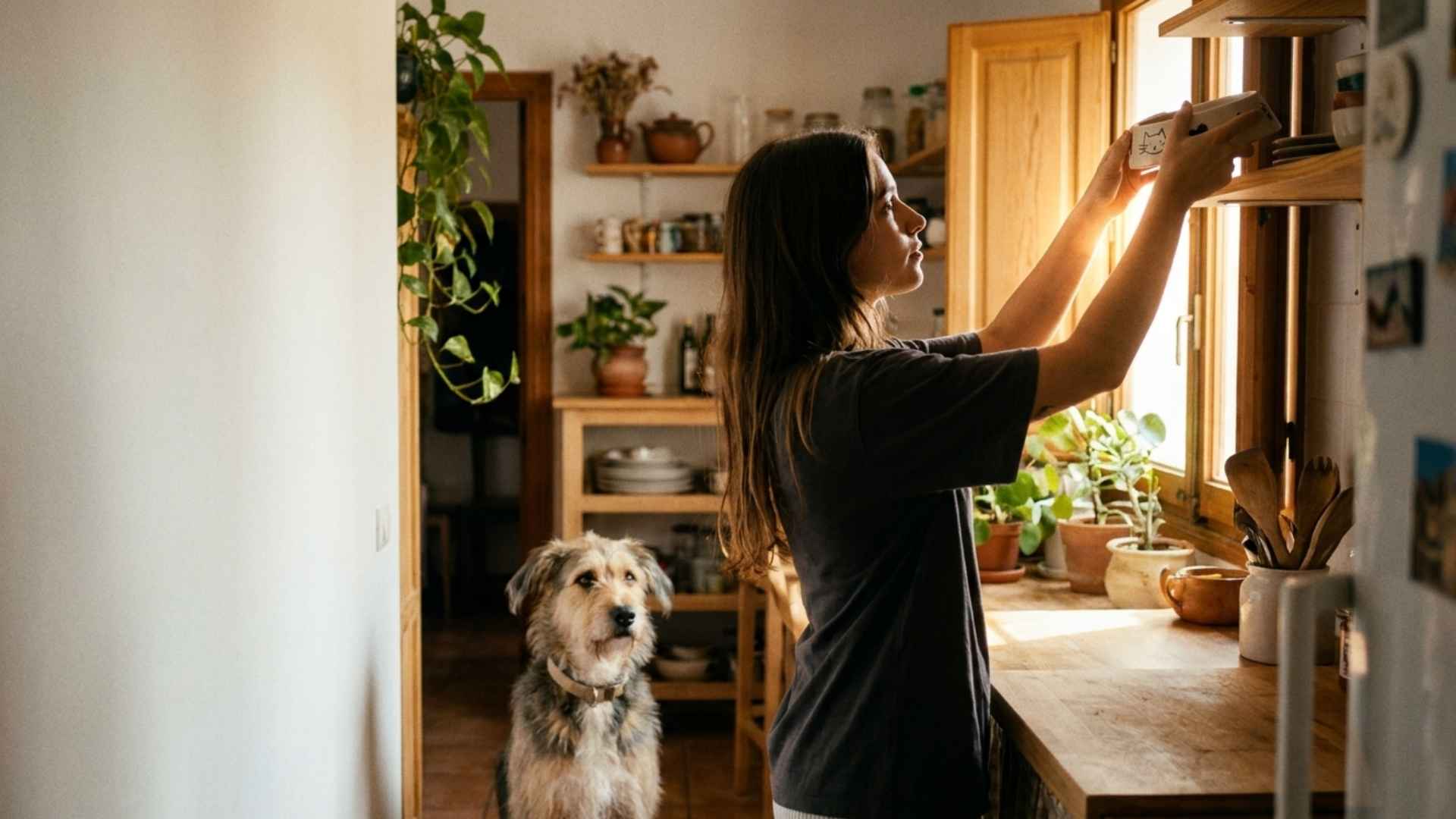 perro mirando a mujer con comedero de gato